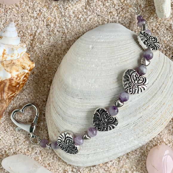 Genuine Amethyst and Heart Beaded Bracelet - Whole Heart of the Earth - Picture 3 of 5